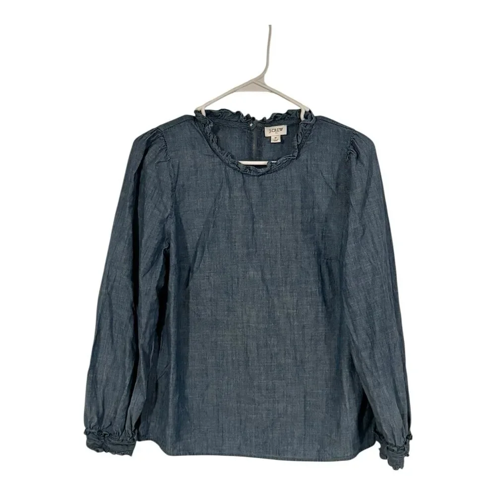 J Crew Shirt Women’s S Blue Chambray Ruffle Neck Long Sleeve Button Top Peasant